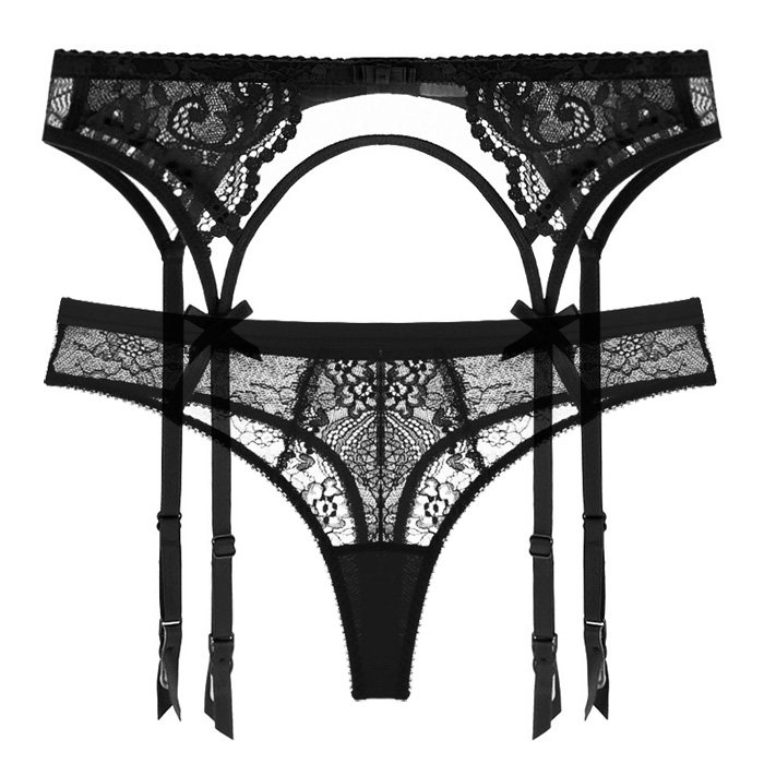 包邮欧美性感黑色透明蕾丝吊袜带硅胶钢扣T裤/三角内裤两件套装