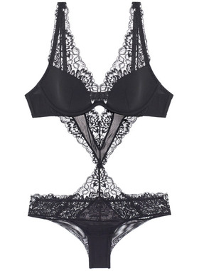 意大利轻奢Y*性感情趣透明黑色蕾丝露背薄棉杯文胸沙漏型连体衣