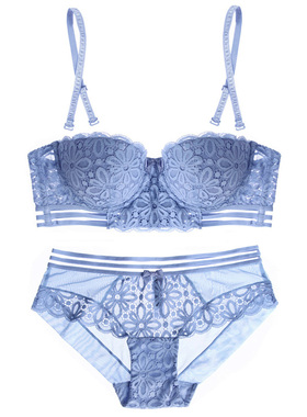 法式内衣蕾丝宽带围1/2半杯上托活动可拆肩带抹胸文胸套装 淡蓝色