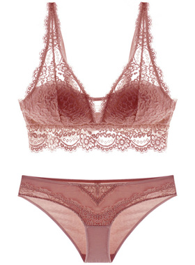 法式Bralette无钢圈全罩杯睫毛蕾丝薄海绵活动插垫文胸套装锈红色