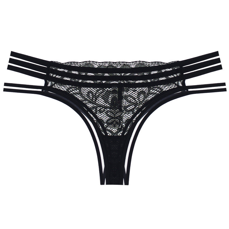 2条包邮 欧美纯原性感腰部镂空透明花朵蕾丝低腰女士丁字T裤黑色