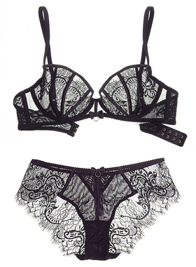 包邮 法国轻奢透明双层睫毛蕾丝镂空 超薄杯文胸三角裤套装 黑色