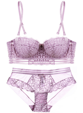 法国柔软蕾丝宽带围1/2性感半杯上托文胸套装可拆肩带香芋紫色