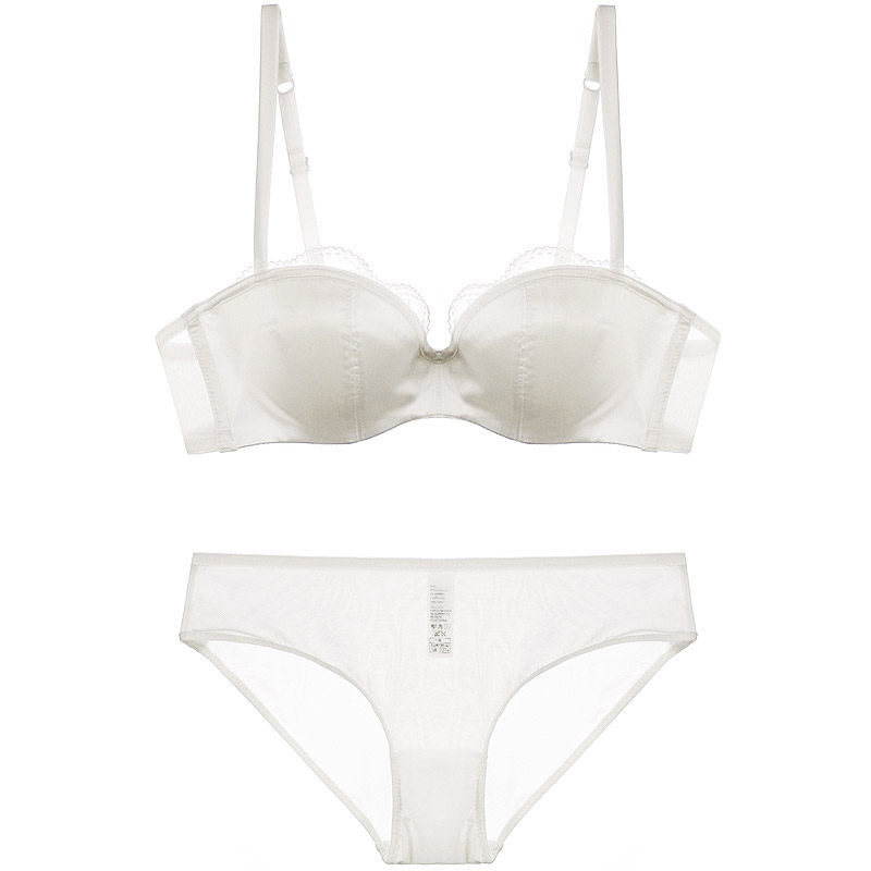 包邮 性感半杯柔滑缎面蕾丝花边薄棉杯上托聚拢文胸套装纯白色