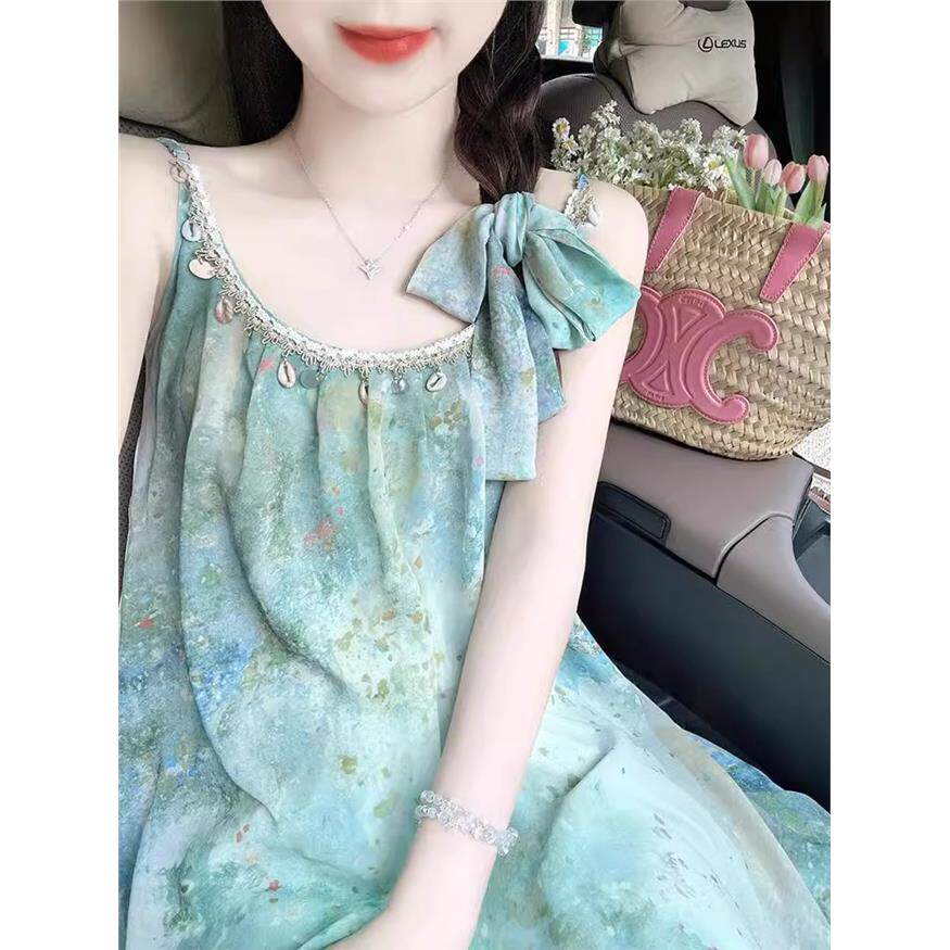 茶歇法式绝美海边度假蓝色吊带连连衣裙