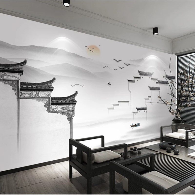 江南水乡风景水墨壁纸客厅饭店壁画背景墙布装饰苏.杭徽派墙纸