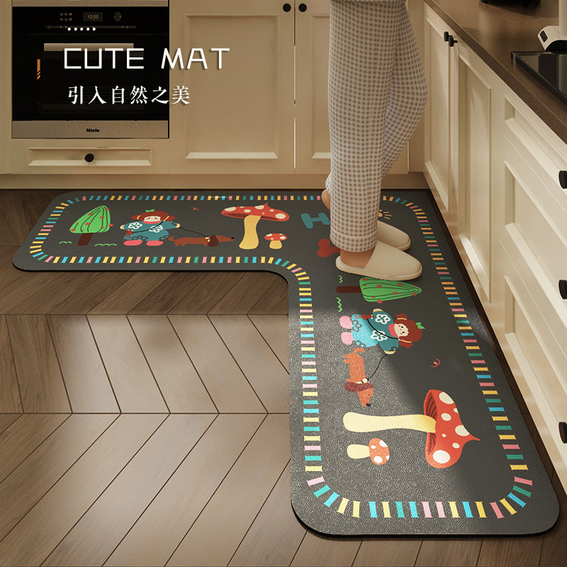卡通地垫厨房防水防油脚垫子灰色硅藻泥l型防滑耐脏地毯2024新款,居家布艺,厨房地垫,淘宝优惠券,粉丝福利购,淘宝优惠卷