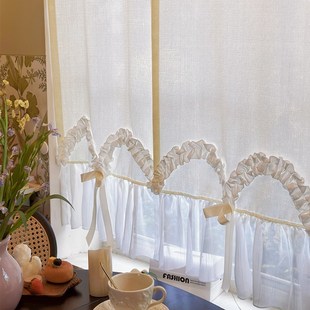 清新奶油色分片式门帘甜美风浪漫小窗帘透光不透人半帘隔断免打孔