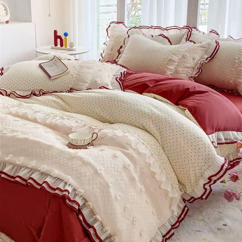法式少女波点全棉双层纱四件套公主风立体花蕾丝花边被套床单床品,床上用品,床品套件/四件套/多件套,淘宝优惠券,粉丝福利购,淘宝优惠卷