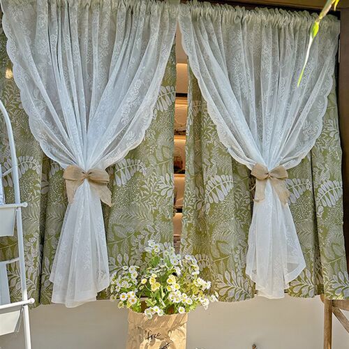 美式田园布加纱双层窗帘法式蕾丝半帘门帘厨房小清新绿色Zins卧室