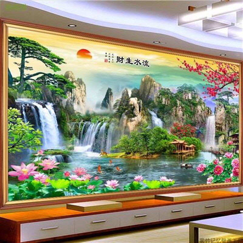 新款流水生财竹木纤维集成墙板电视背景迎客松墙画护墙板快装拼接