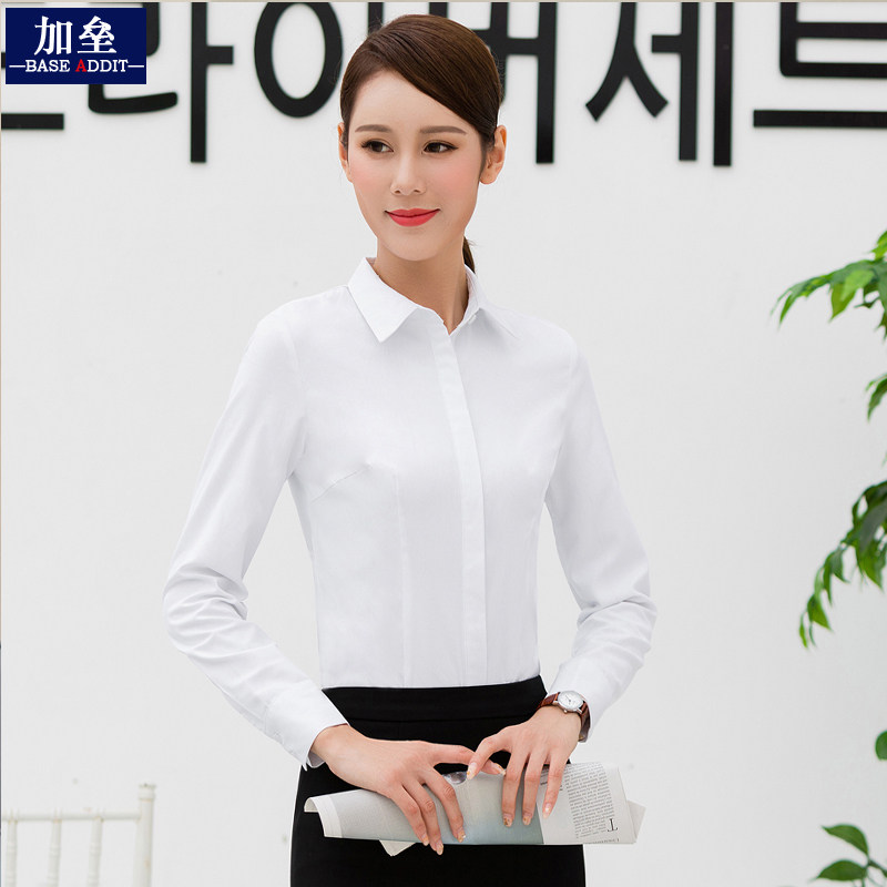 新款加厚商务职业蓝色衬衫v女长袖白色正装工作服加绒女士工装衬