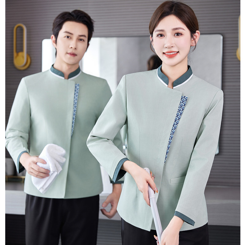 斜门襟印花星级酒店客房保洁工作服长G袖春秋民宿阿姨保洁工装大