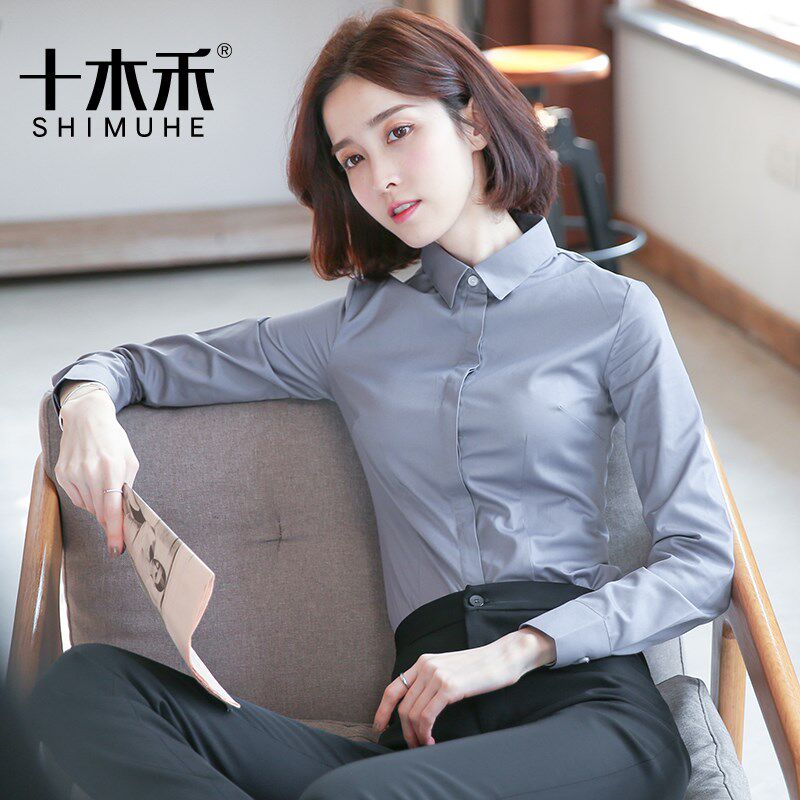 职业白衬衫女士长袖方领商务工装正装工作服2024春U新款衬衣蓝寸