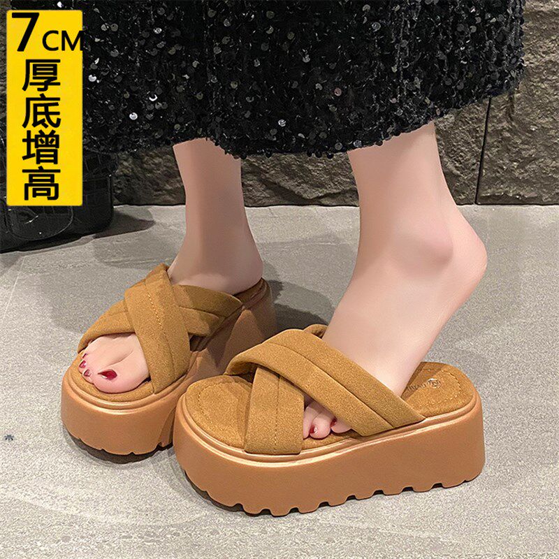厚底增高7cm小i个子拖鞋女小码34夏季外穿2025新款松糕交叉一字拖