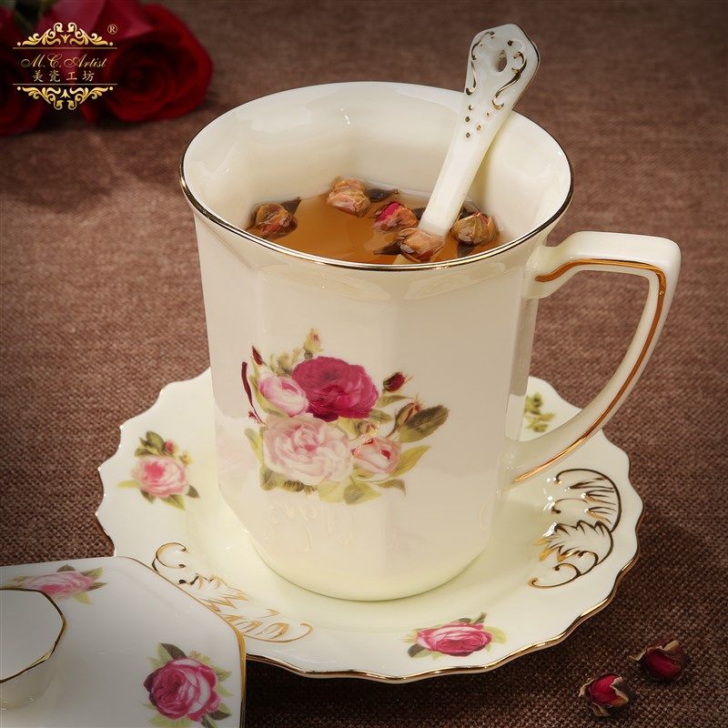 【微瑕处理】英伦玫瑰欧式陶瓷马克杯子茶杯水杯牛奶早餐杯盖勺碟,餐饮具,马克杯,淘宝优惠券,粉丝福利购,淘宝优惠卷