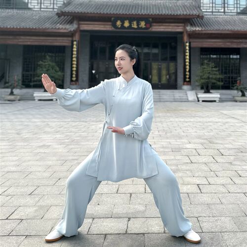 女【重磅醋酸麻】春秋款斜x襟飘带太极武术练功服太极表演服