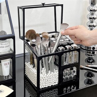 桌面化妆刷收纳筒防尘带盖大容量口红收纳盒透明小型化妆品置物架