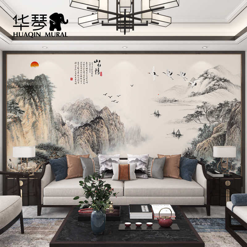 新中式水墨写意大型国画电视背景墙壁纸客厅沙发墙纸墙布壁布定