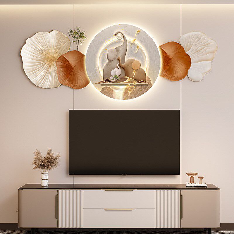 客厅大白墙挂画电视机上方背景墙装饰画挂件发光灯画高级感墙壁画