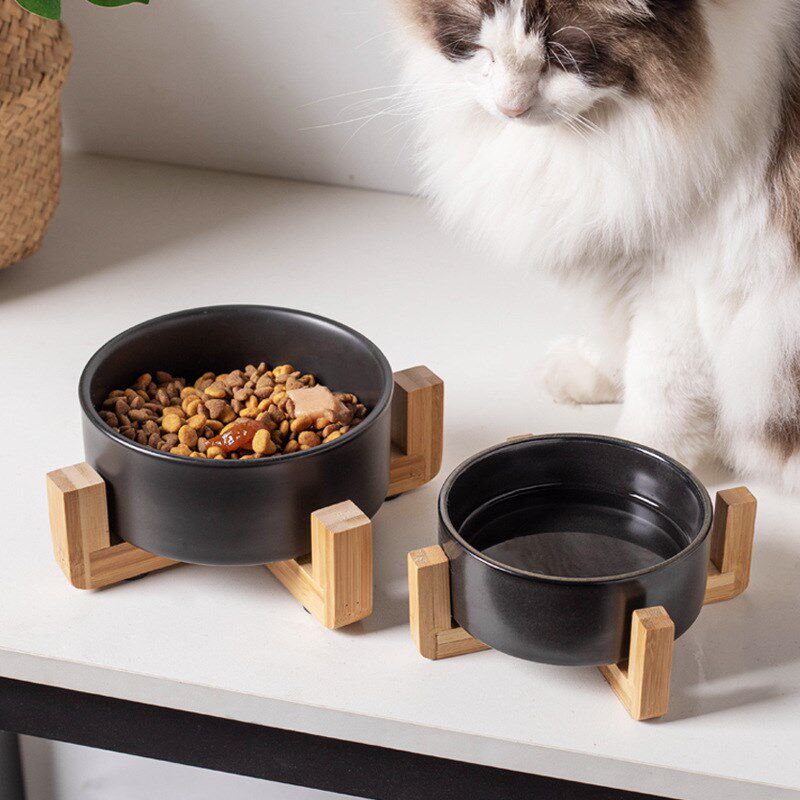 领养之家/黑色猫碗陶q瓷喝水碗双碗陶瓷食盆狗碗猫咪饭碗木架
