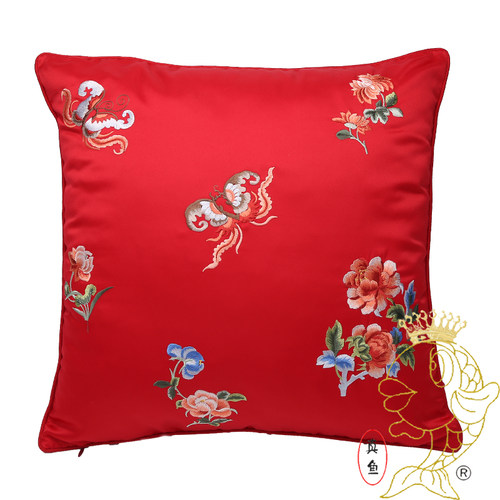 新中式刺绣百花百蝶绸缎靠垫绣花大抱枕套红木沙发客厅床品