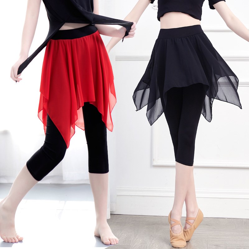 新款舞蹈裤裙假两件现代舞练功服A女成人古典芭蕾拉丁不规则形体