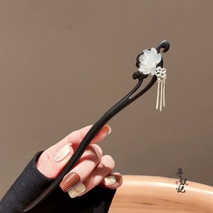 古风莲花檀木发簪女中式 步摇流苏盘发G簪子日常简约高级感发钗配