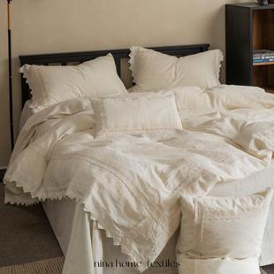 床笠式 棉麻床单被套四件套刺绣花边款 床品 A类复古轻法式 2025新款