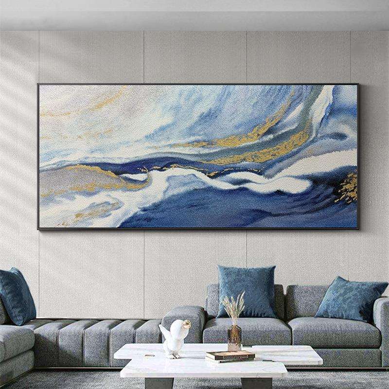纯手绘油画横版挂画沙发背景装饰画轻奢金箔挂画抽象流彩艺术大气