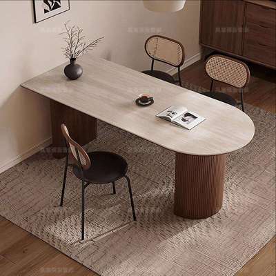 中古风洞石岩板餐桌椅组合家用小户型半圆弧形新款实木可靠墙饭桌
