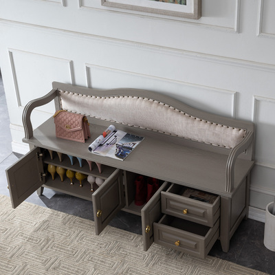 简美实木进门家用换鞋凳式鞋柜B靠背玄关多功能收纳鞋柜凳穿鞋凳