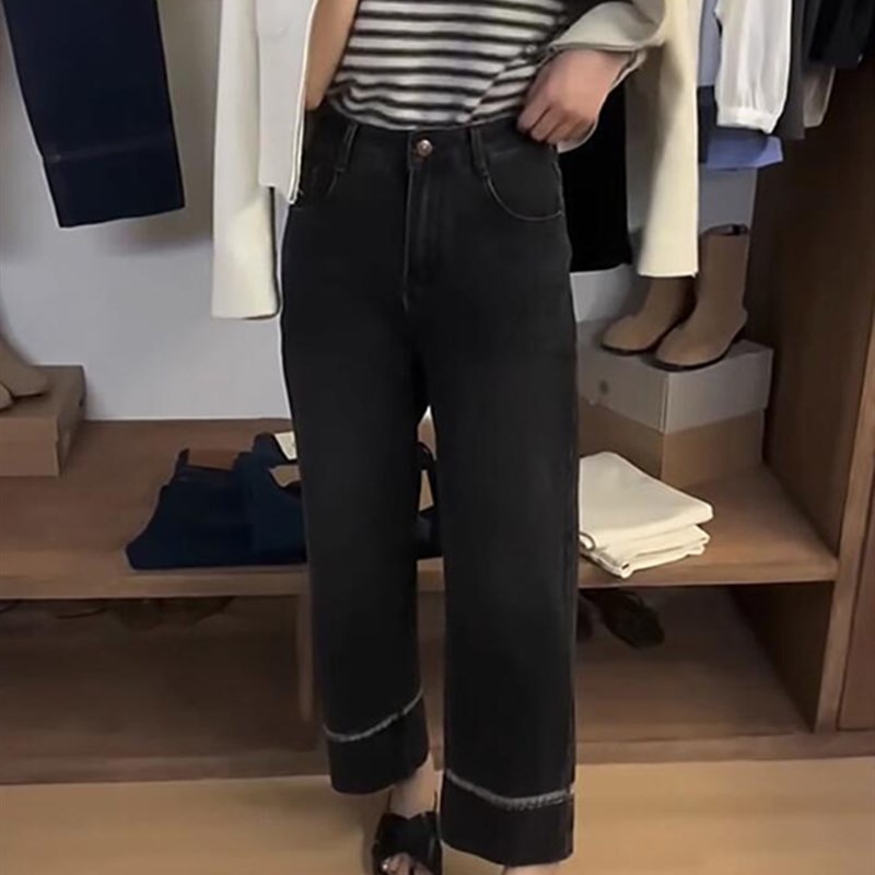梨形身材黑色直筒牛仔裤女大码胖妹妹mm夏季新款加厚弹力烟管裤子