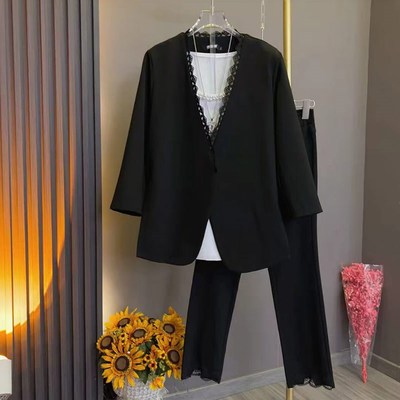 加肥大码女装V领蕾丝边西服外套胖妹妹宽松遮胯显瘦黑色休闲裤子