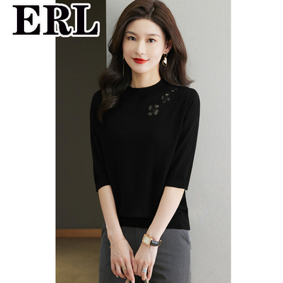 中袖丝光羊毛冰丝针织衫打底上衣七分袖t恤女半高领短袖薄款毛衣