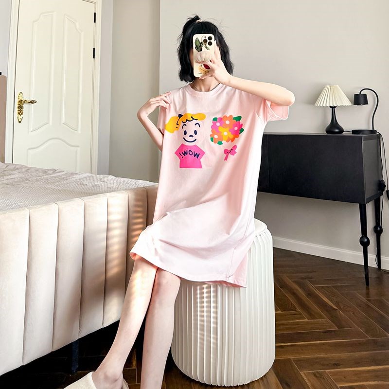 甜美女生夏季凉爽薄款睡裙纯棉短袖日系新款休闲可外穿睡衣家居服
