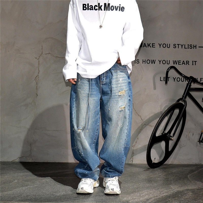 美式复古水洗做旧阔腿弯刀直筒牛仔裤男潮牌宽松破洞油漆拖地长裤