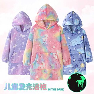 夜发光儿童加厚卫衣绒衫法兰绒连帽睡袍秋冬保暖男女卡通动物睡衣