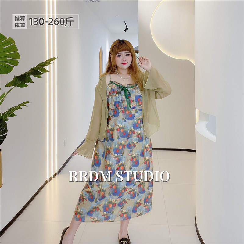 260斤胖莹莹大码女装胖妹御姐油画风复古薄款显瘦连衣裙开衫套装