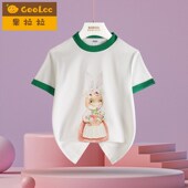 女童圆领短袖 拼色上衣 纯棉T恤女宝宝印花打底衫 2025夏装 儿童薄款