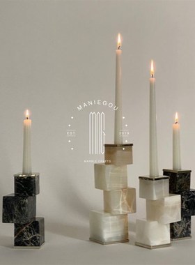 北欧天然大理石摆件样板间客厅酒店桌面装饰品定制款几何烛台摆设