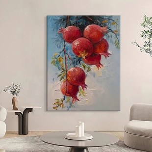 新中式纯手绘油画肌理画红色石榴客厅餐厅装饰画多子多福玄关挂画