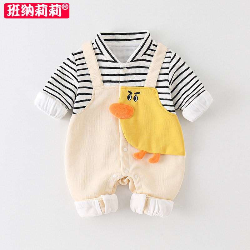 宝宝秋装衣服0一1岁新生婴儿连体衣春秋季可爱假两件外出爬服套装