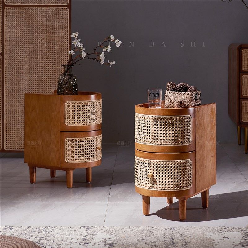 实木藤编床头柜日式小边柜置物柜简约北欧侘寂风边几小抽屉收纳柜,住宅家具,床头柜,淘宝优惠券,粉丝福利购,淘宝优惠卷