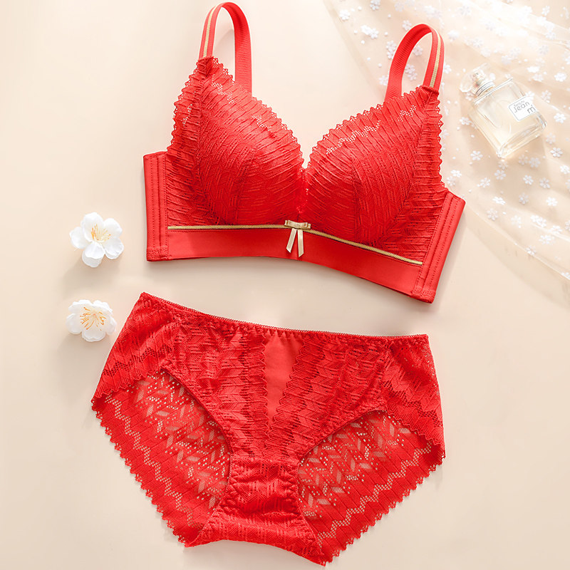 酒红色内衣内裤一套结婚新娘本命年女小胸聚拢胸罩收副乳文胸套装