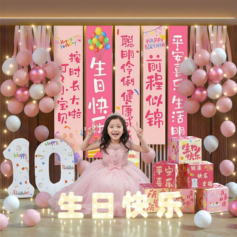 小女孩生日快乐条幅氛围感气球布置挂布装饰1P0岁儿童场景背景道