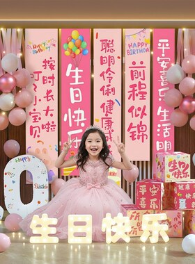 小女孩生日快乐条幅氛围感气球布置挂布装饰1P0岁儿童场景背景道