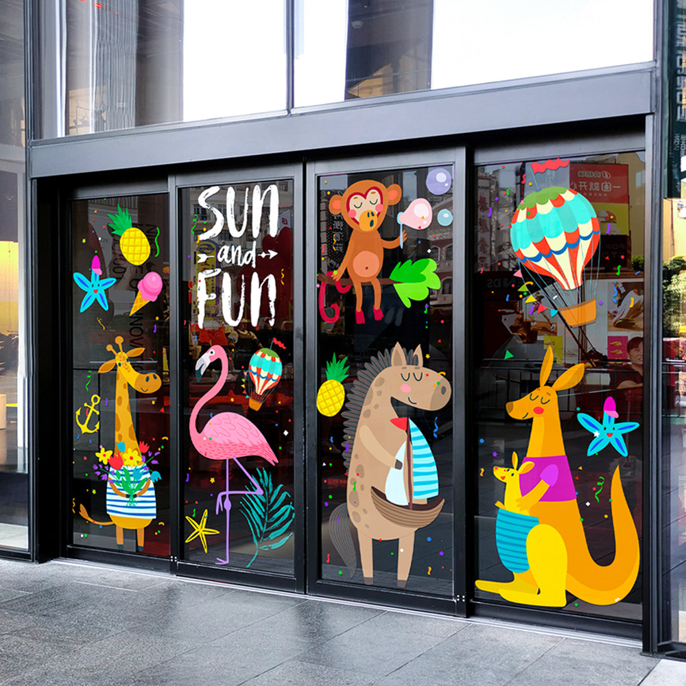儿童节卡通动物推拉门玻璃贴膜幼儿园亲子餐厅橱窗玻璃装饰静电贴,家居饰品,软装墙贴,淘宝优惠券,粉丝福利购,淘宝优惠卷