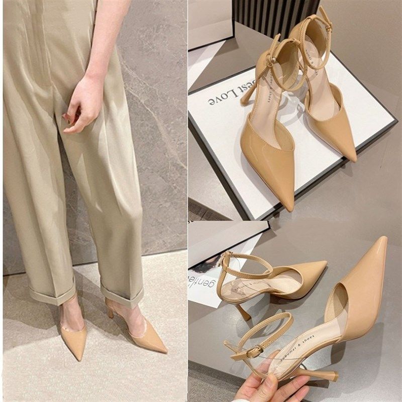 裸色尖头气质高跟鞋细跟一字扣带单鞋漆皮包头凉鞋女夏10cm8网红