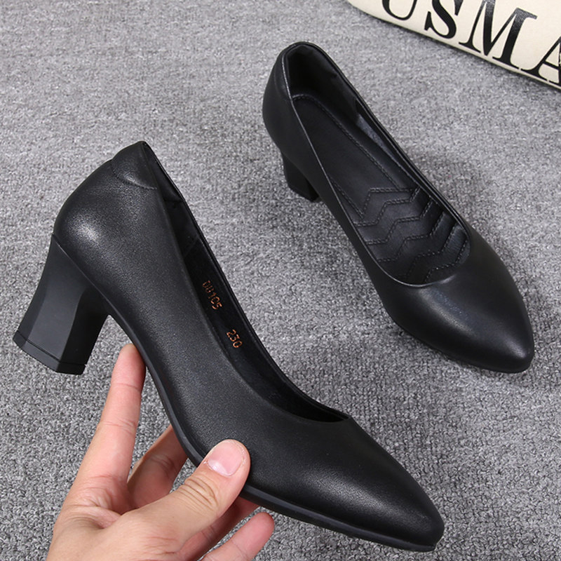 空姐久站面试工作鞋女黑色皮鞋A粗跟高跟工装正装职业女士单鞋女